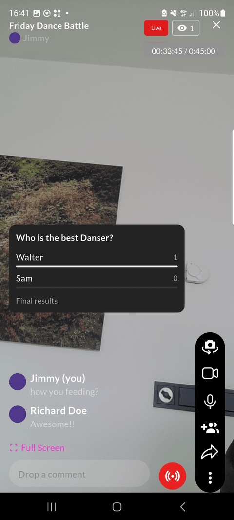 Ching Ching live stream with chat and a live audience poll